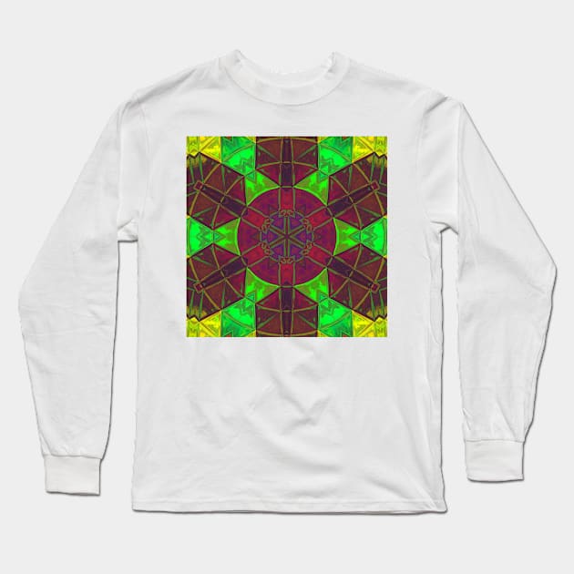 Mosaic Kaleidoscope Flower Green Yellow and Purple Long Sleeve T-Shirt by WormholeOrbital